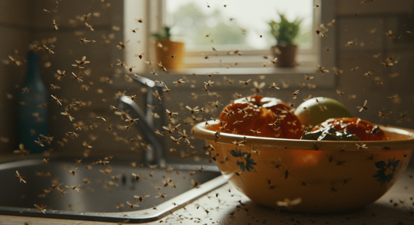 Swarm of gnats flying around a kitchen sink and a yellow fruit bowl with overripe produce.