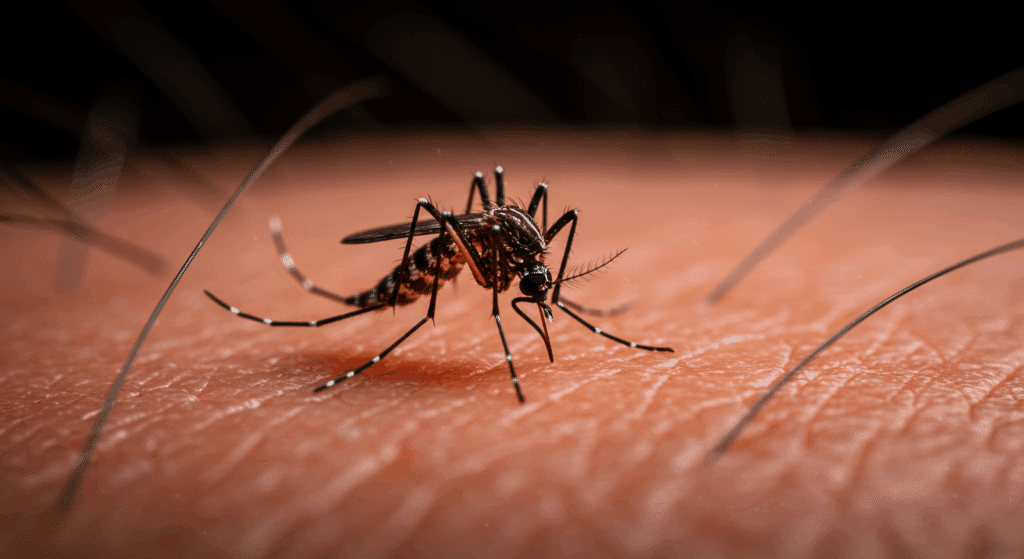 Close-up of a mosquito feeding on human skin, attracted by body heat and carbon dioxide.