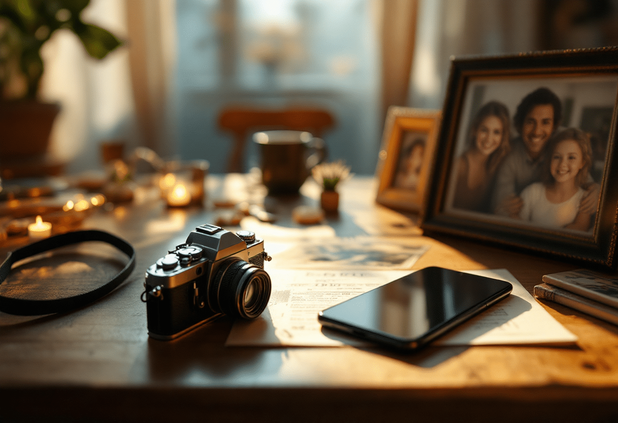 Delicate household items including a camera, glasses, and framed photo set aside on a table.