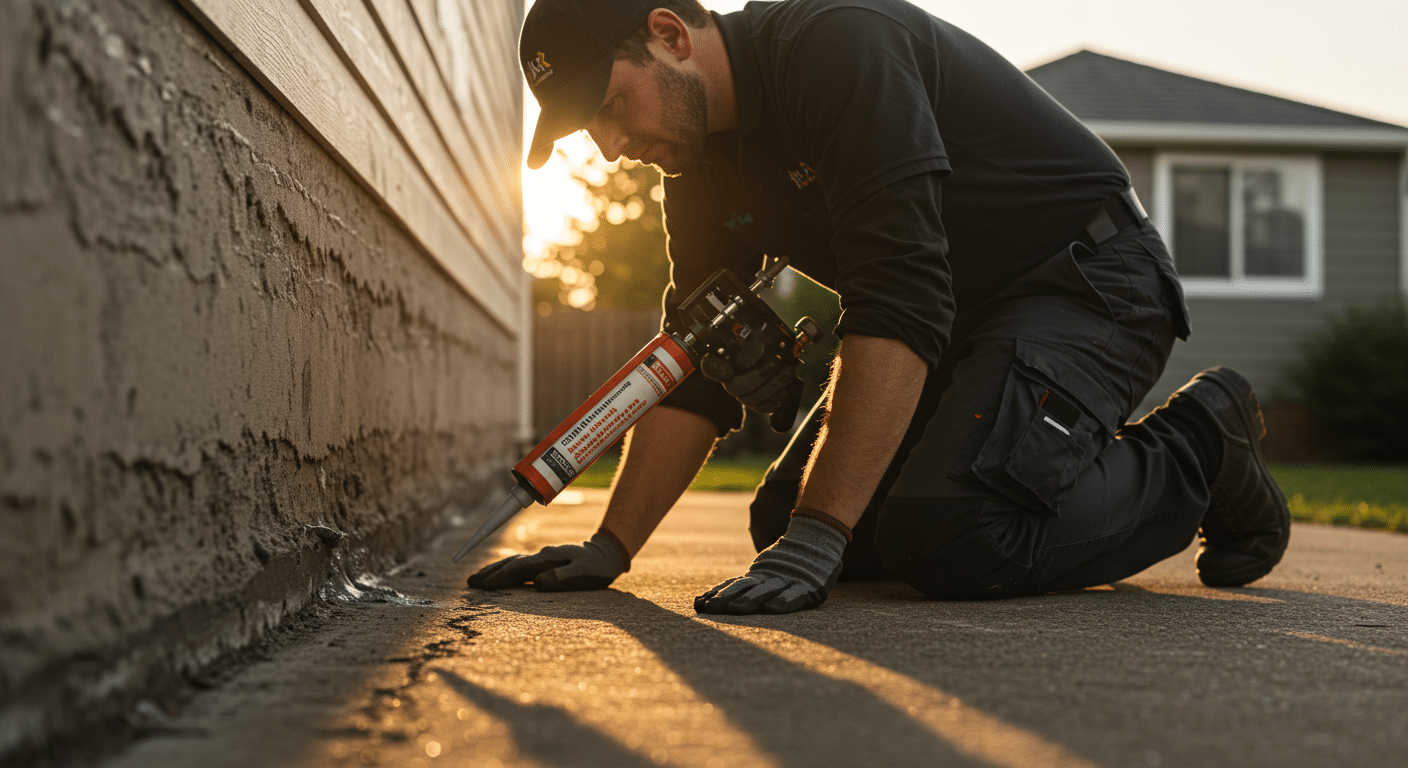 Pest control technician using a caulking gun to seal cracks along a home’s foundation.