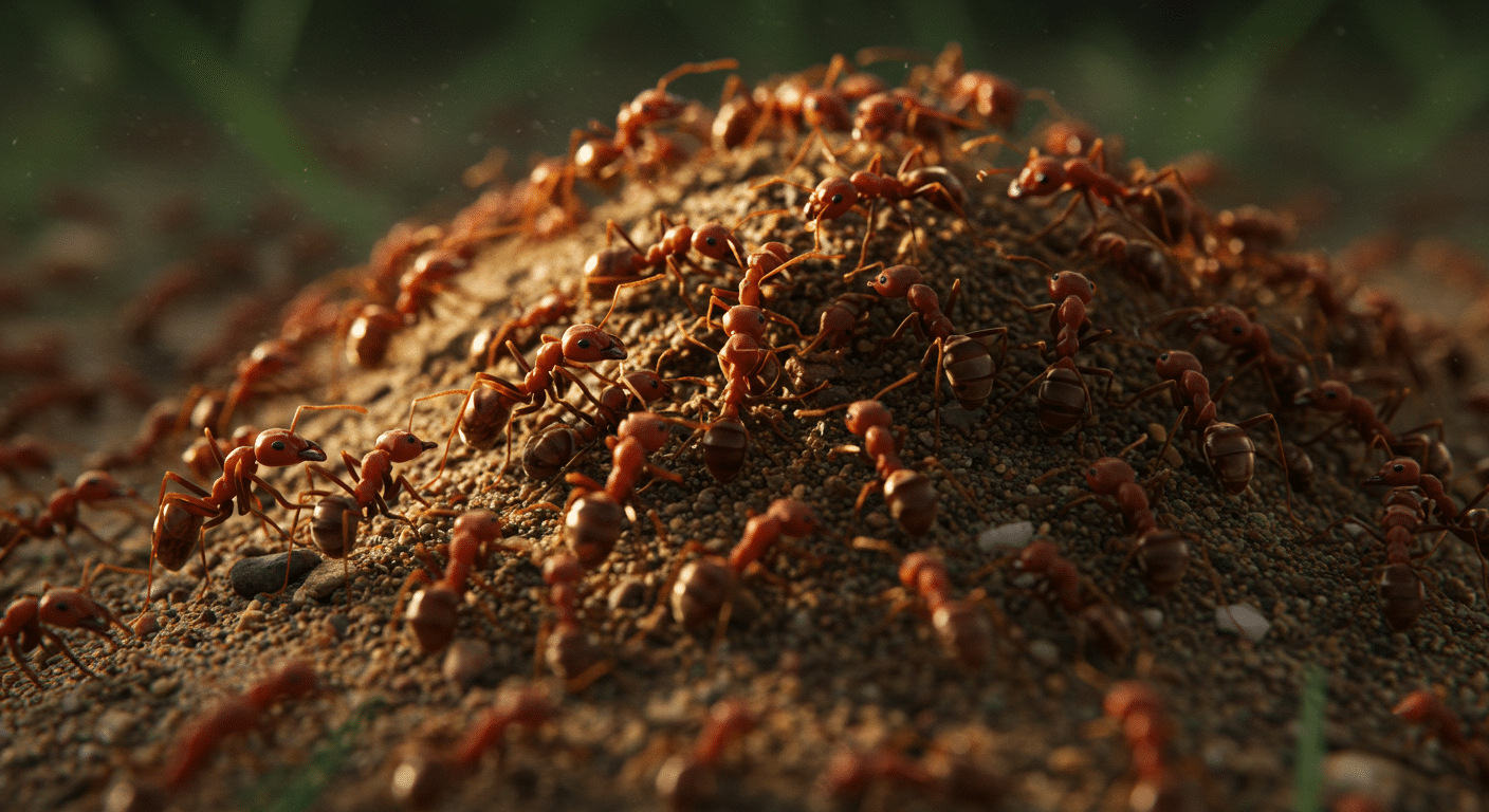 Close-up of red imported fire ants aggressively swarming over a disturbed mound.