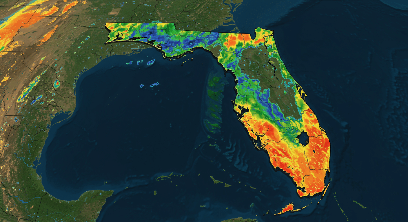 Color-coded map showing high-humidity zones and average temperatures across Florida and parts of Georgia.
