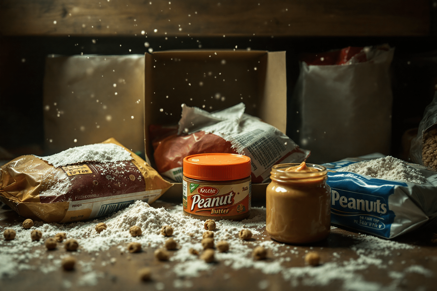Mouse droppings scattered near pantry food items like flour and peanut butter.