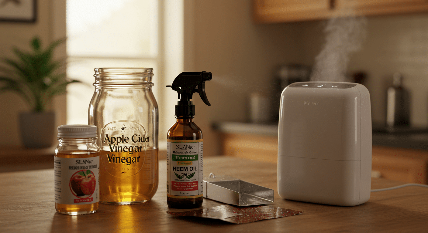 DIY gnat control setup with apple cider vinegar, neem oil spray, sticky traps, and a dehumidifier on a kitchen counter.