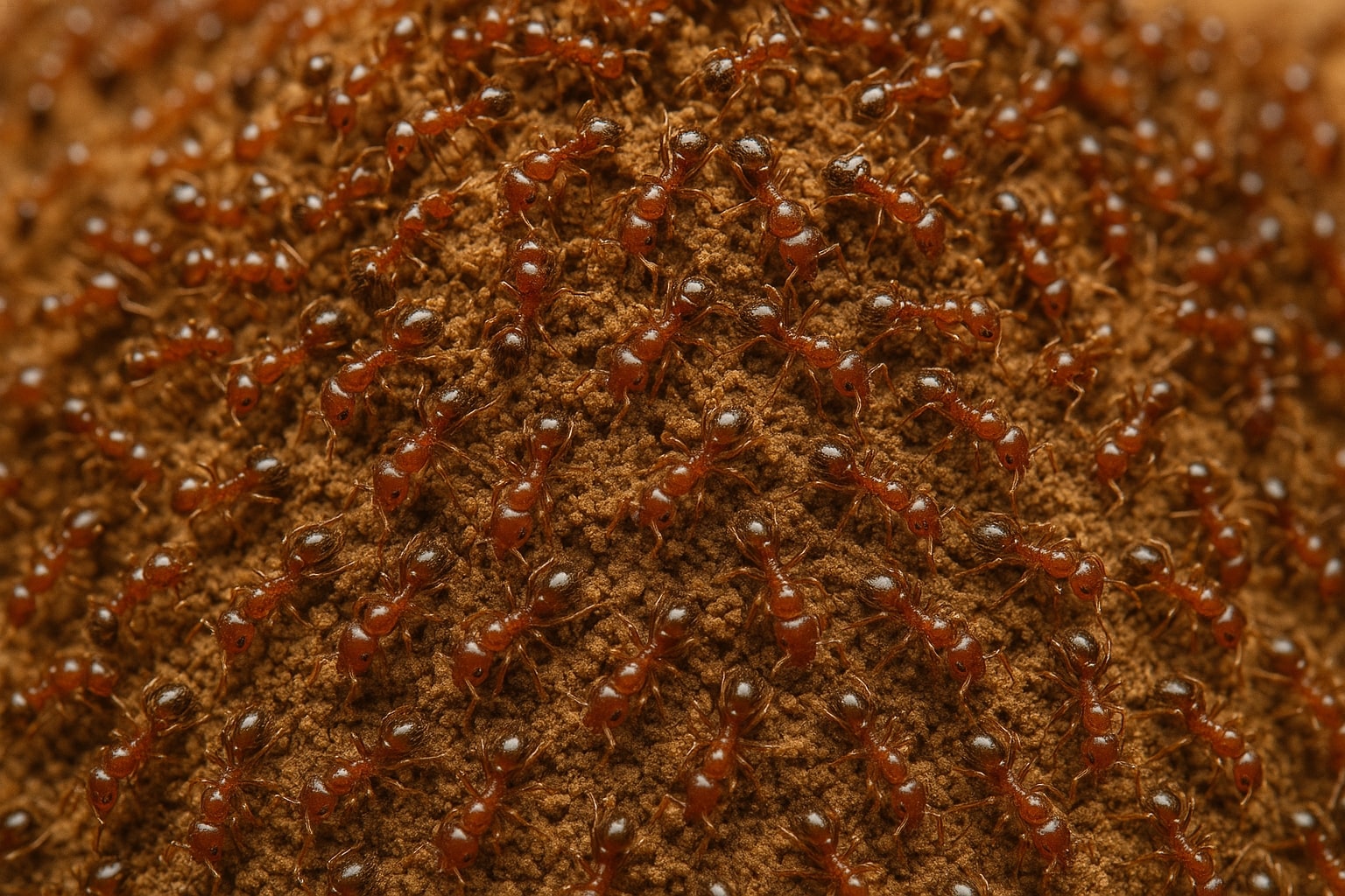 Close-up view of fire ants swarming across their reddish-brown soil mound with detailed textures.