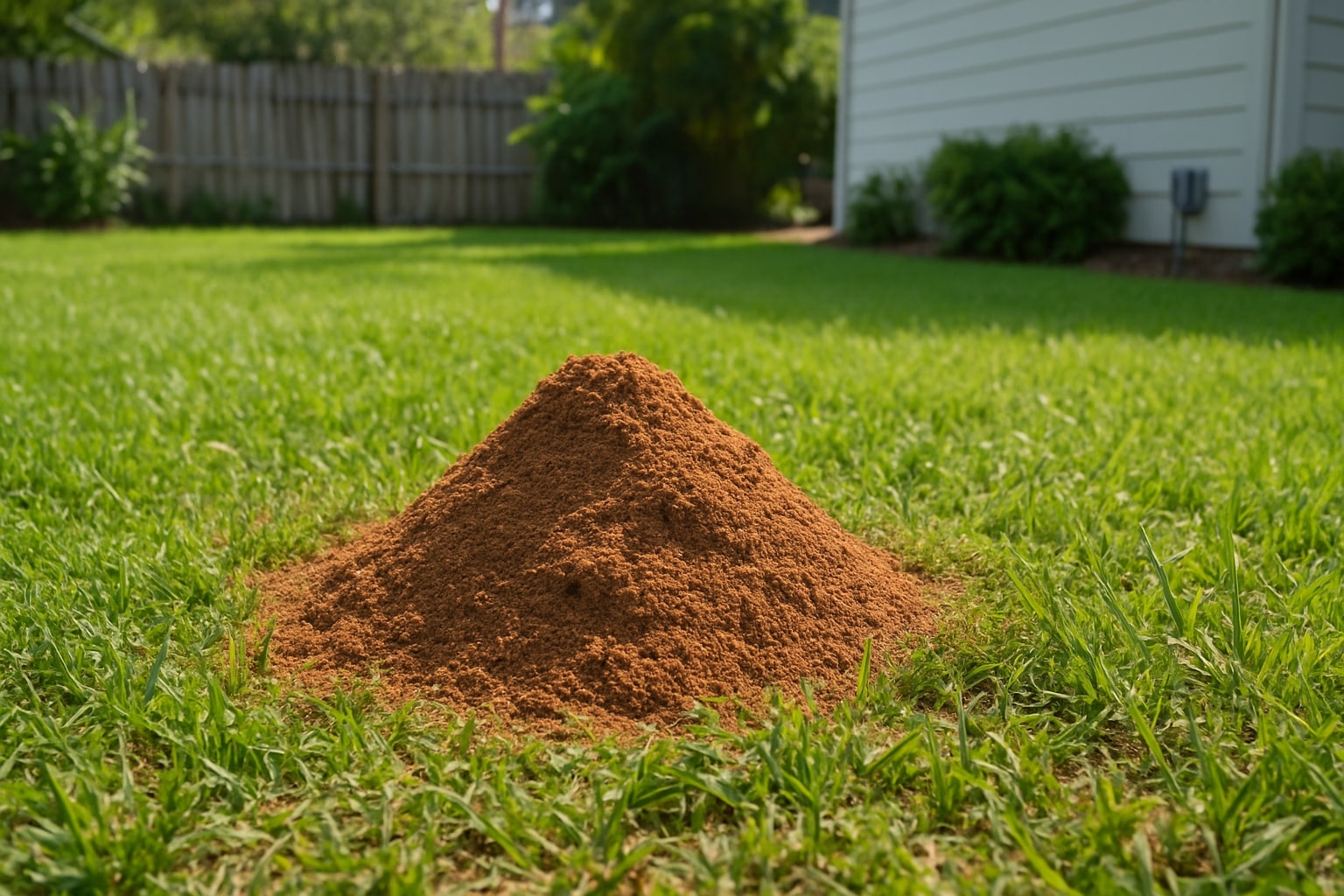 A fire ant mound in the middle of a Florida backyard lawn surrounded by green grass and sunlight.