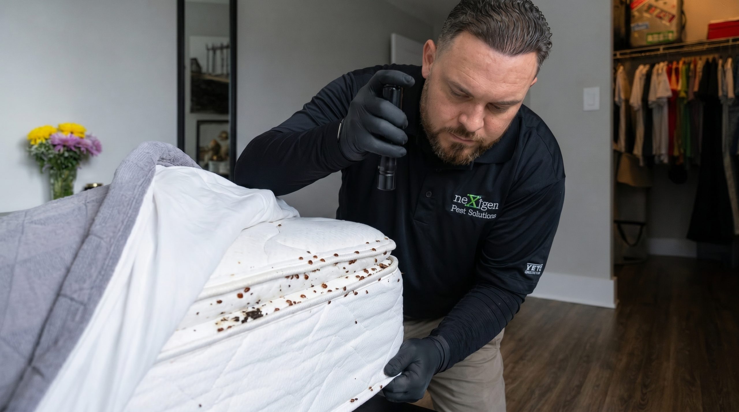 Pest control professional inspecting a mattress for bed bugs using a handheld device
