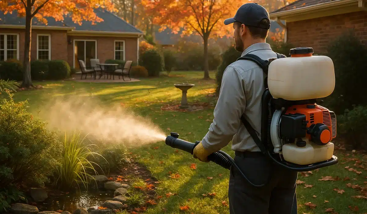 Man spraying pesticide in residential backyard with backpack sprayer during autumn
