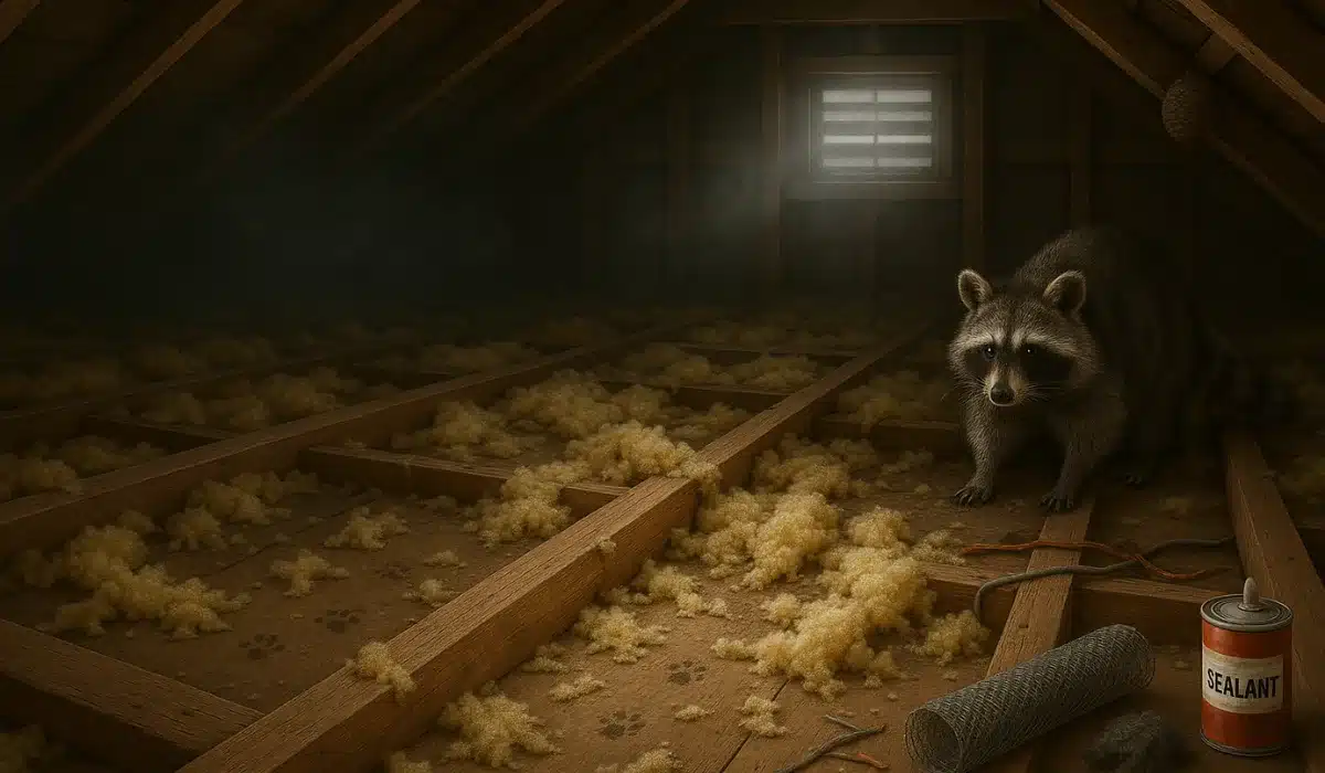 Raccoon in an attic space with exposed yellow insulation and wooden framing