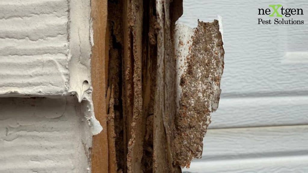 Exterior trim with severe internal wood damage caused by termite activity.