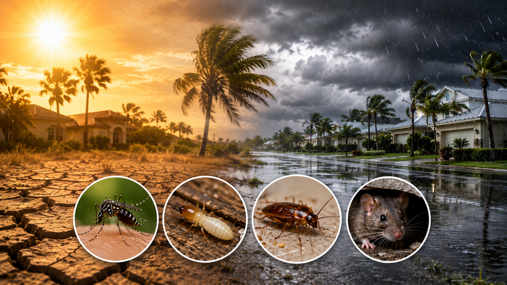 Split-scene image showing extreme heat and storm conditions in Florida with mosquito, termite, cockroach, and rodent close-ups representing increased pest activity during a possible Super El Niño 2026.
