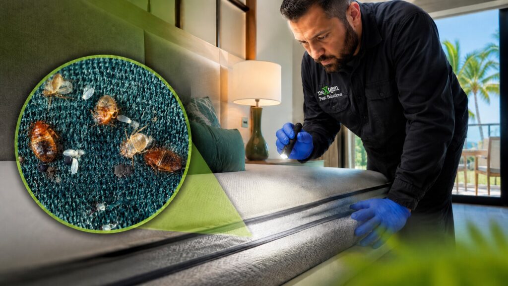 Technician checking hotel bedding for bed bug activity 