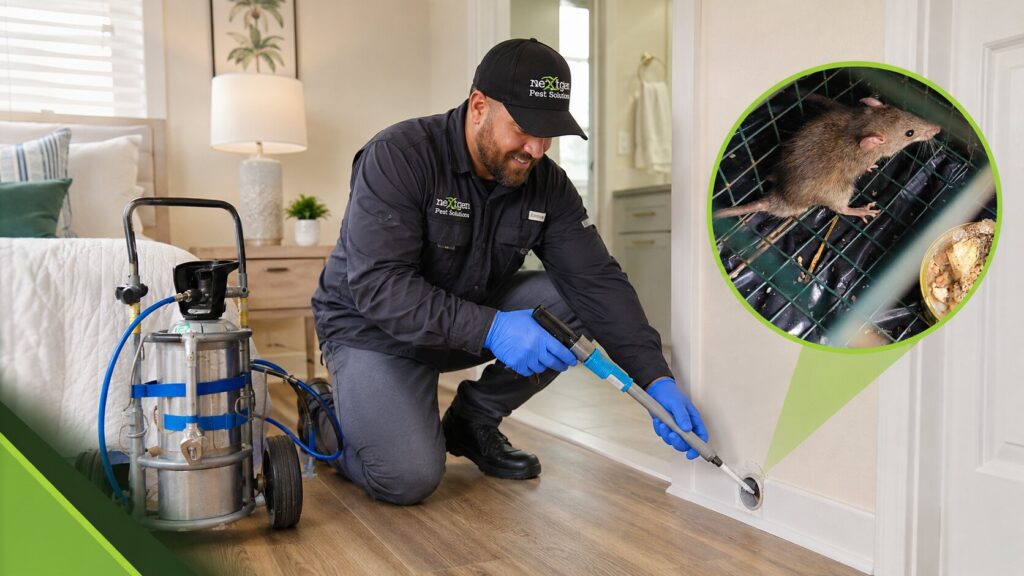 Rodent control service with close-up of rat activity 