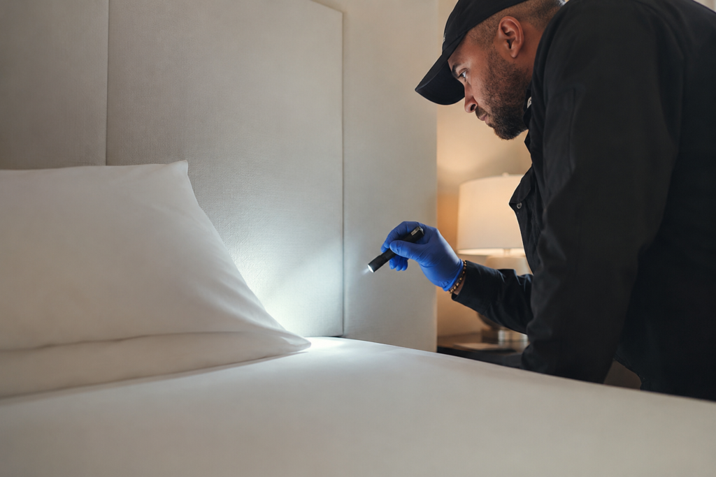 Pest control technician checking bed bugs in a hotel room