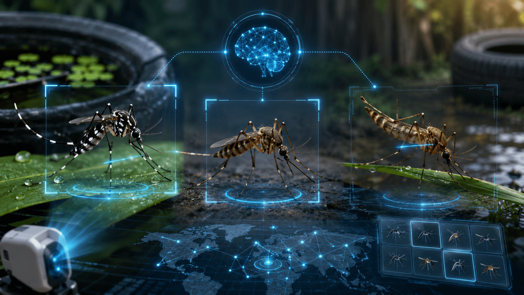 AI-powered detection system identifying three mosquitoes with digital analysis interface and global tracking map.