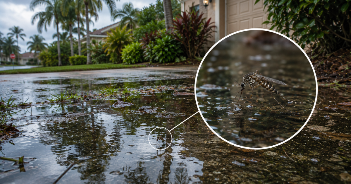 Mosquito hovering above standing water in a Florida neighborhood after heavy rain.