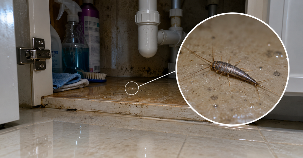 Silverfish found under a bathroom sink cabinet near plumbing pipes and moisture-prone areas inside a home.