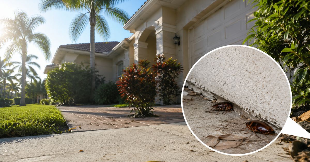 Cockroach activity around a Florida home during summer, with roaches near the foundation highlighted in a magnified inset.