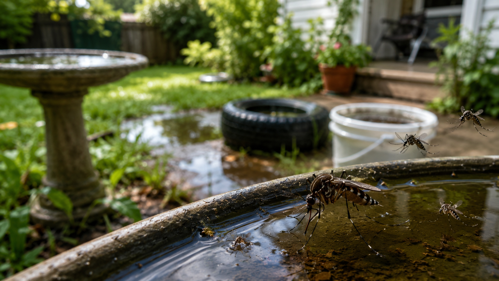 Multiple mosquitoes congregate on the edge of a water-filled container in a residential garden setting