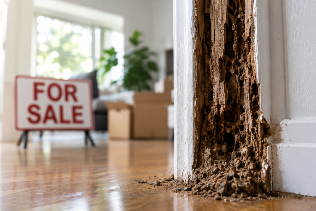 house for sale with a magnifying glass, termite-damaged wood, and a model home in the foreground, representing the sale of a property with termite history