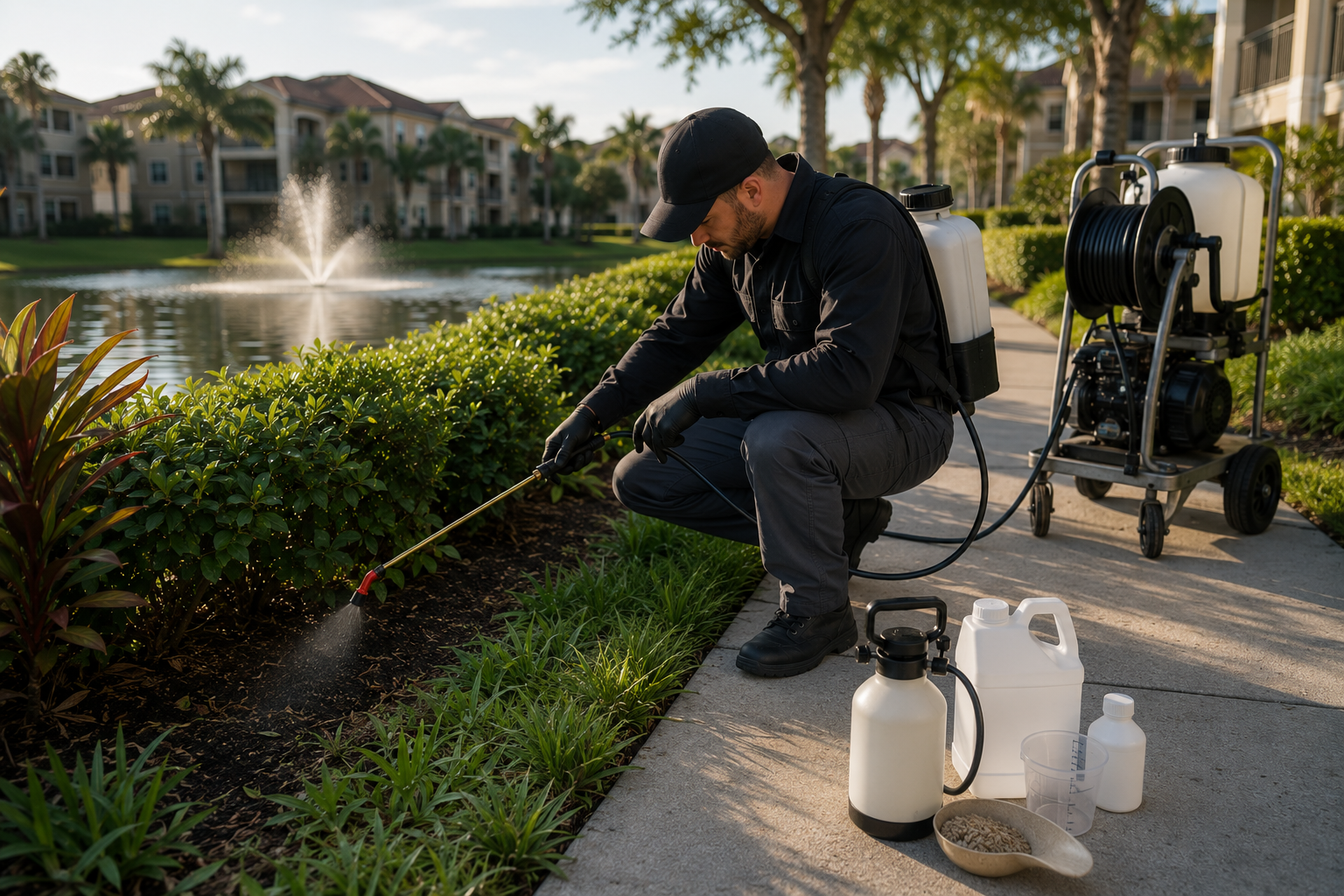 Property mosquito control technician treating vegetation around a landscaped community retention pond.
