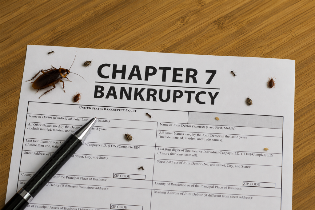 Chapter 7 Bankruptcy form with cockroaches crawling on the document and a pen on wooden surface