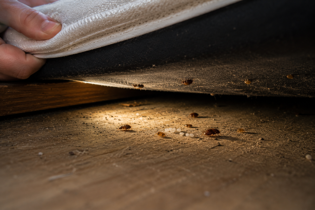 Hand lifting a mattress to reveal bed bugs and eggs hiding underneath on a dusty bed frame.