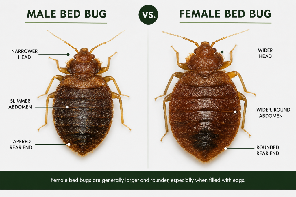 Male vs female bed bugs comparison showing side-by-side physical differences.