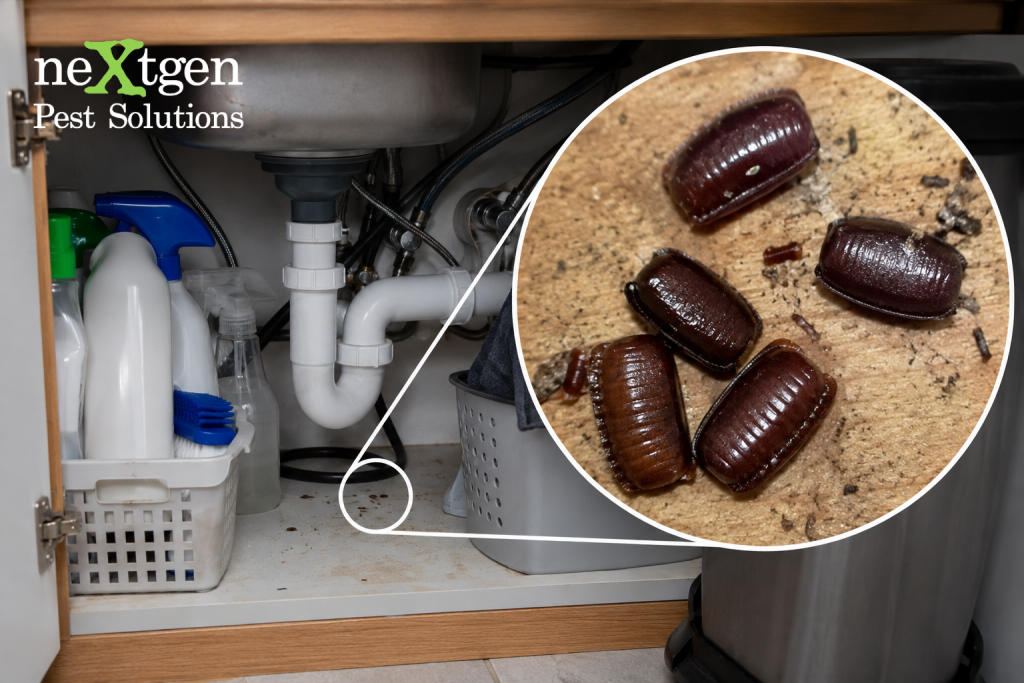 Under-sink cabinet with cleaning supplies and magnified view of brown cockroaches on sandy surface