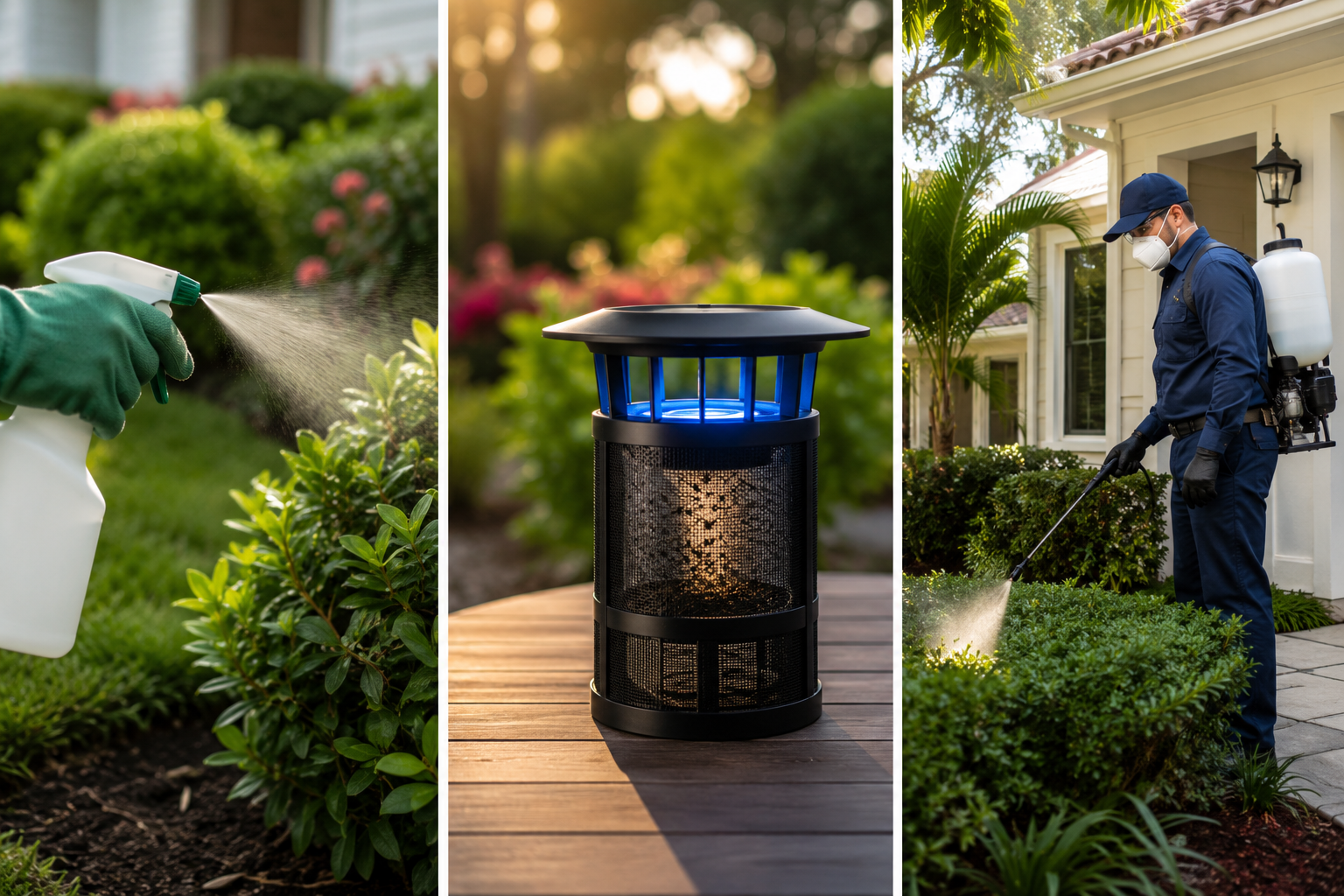 Hand spraying yard shrubs, an electric mosquito trap on a deck, and a technician using a backpack sprayer near a house