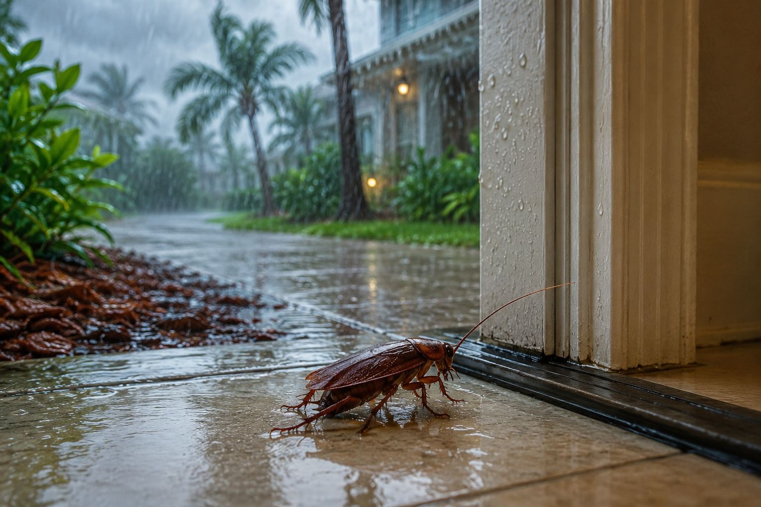 A brown cockroach crawls across a wet floor near a door during rainfall, with palm trees and a building visible outside.