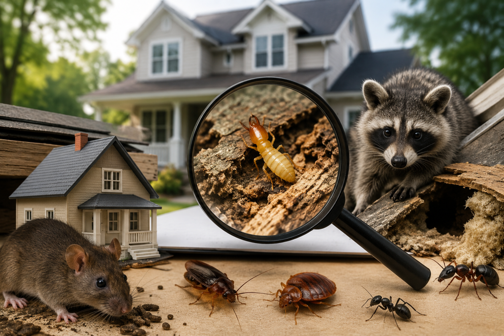 Composite image showing common household pests including a rat, raccoon, insects, and a magnified larva, with residential houses in the background