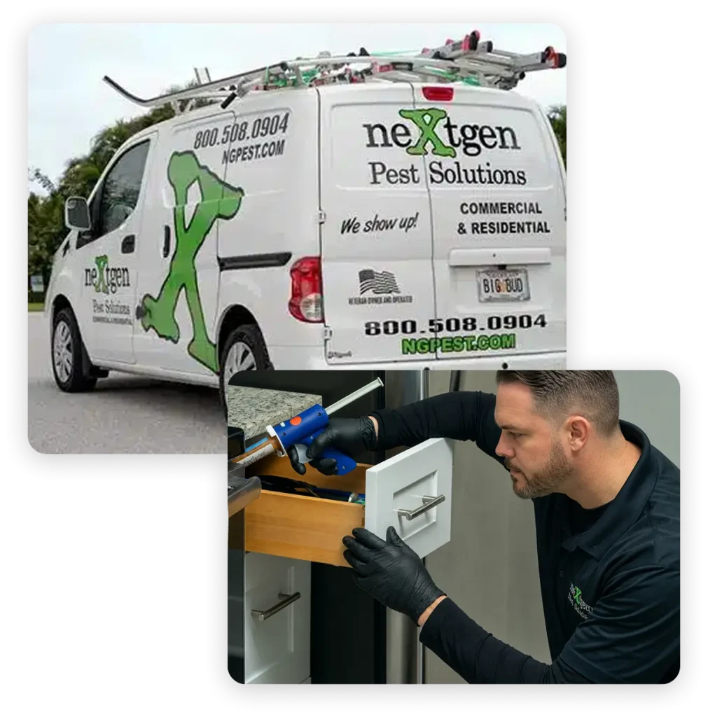 Nextgen Pest Solutions service vehicle and technician performing professional pest control treatment inside a home.